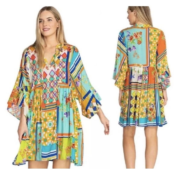 Johnny Was Tunic Dress Swim Cover Up 2X Patchwork Tropical FloralBright Boho